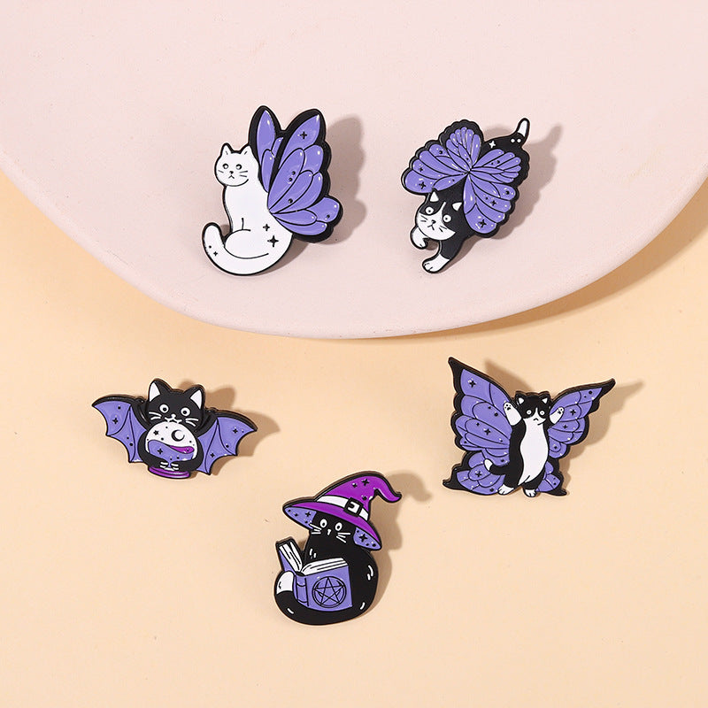 Purple Cat With Butterfly Wings Alloy Brooch - Cute Accessory