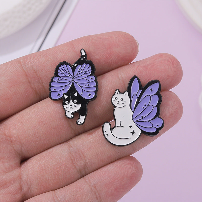 Purple Cat With Butterfly Wings Alloy Brooch - Cute Accessory