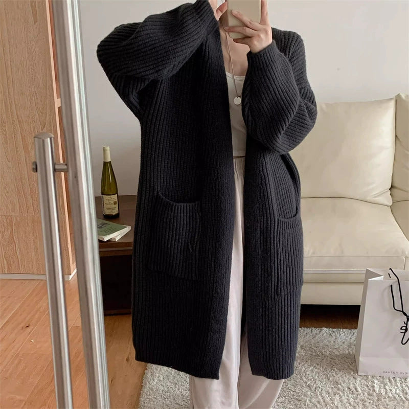 Knitted Cardigan Solid-Color Sweater Women's Trench Coat