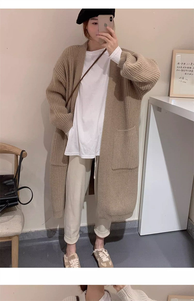 Knitted Cardigan Solid-Color Sweater Women's Trench Coat