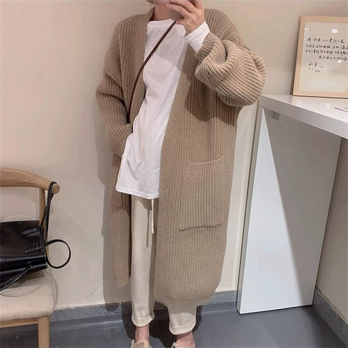 Knitted Cardigan Solid-Color Sweater Women's Trench Coat