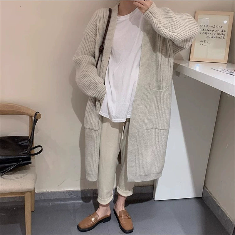 Knitted Cardigan Solid-Color Sweater Women's Trench Coat