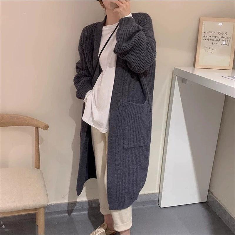 Knitted Cardigan Solid-Color Sweater Women's Trench Coat