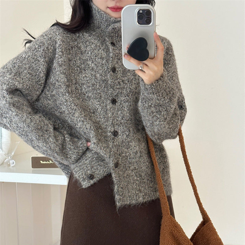 Retro Laid-back Turtleneck Knit Cardigan Sweater Coat