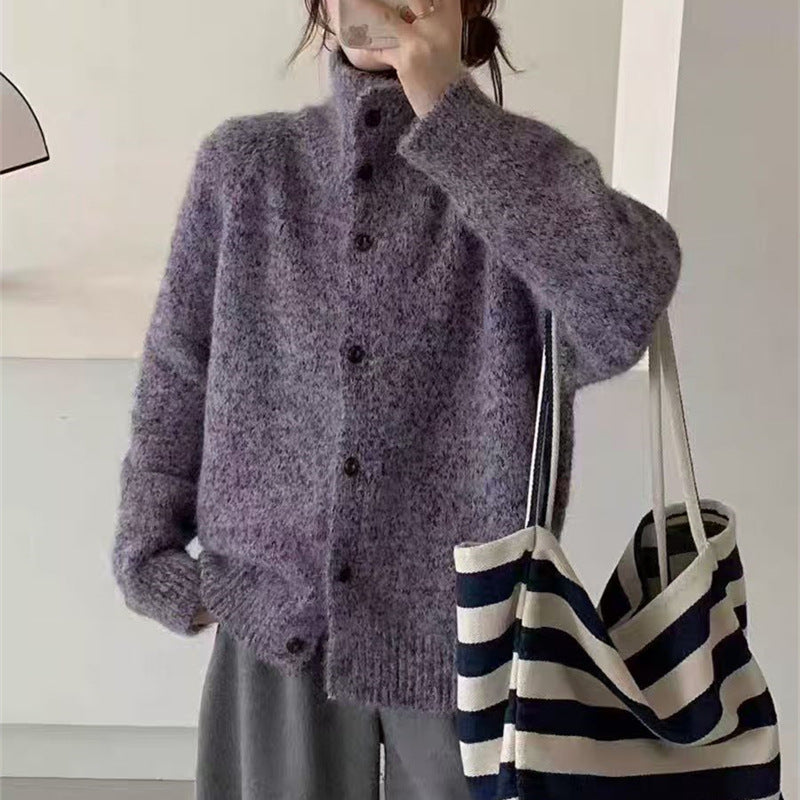 Retro Laid-back Turtleneck Knit Cardigan Sweater Coat