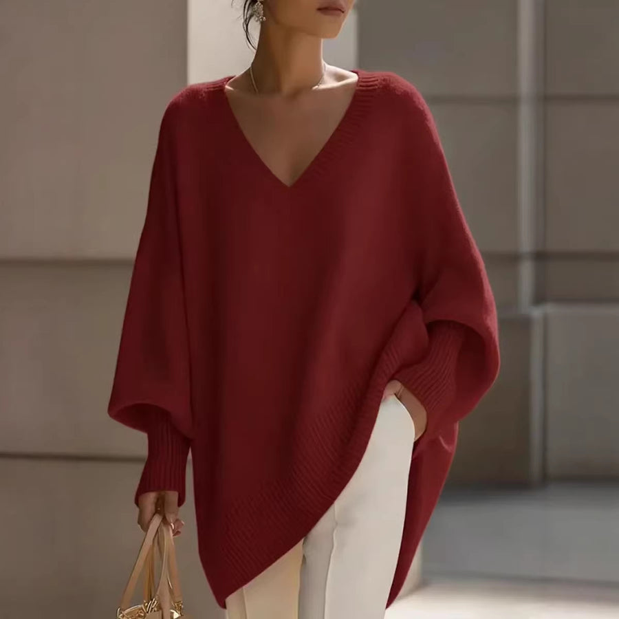 Solid-color Long-sleeve V-neck Sweater Dress for Women