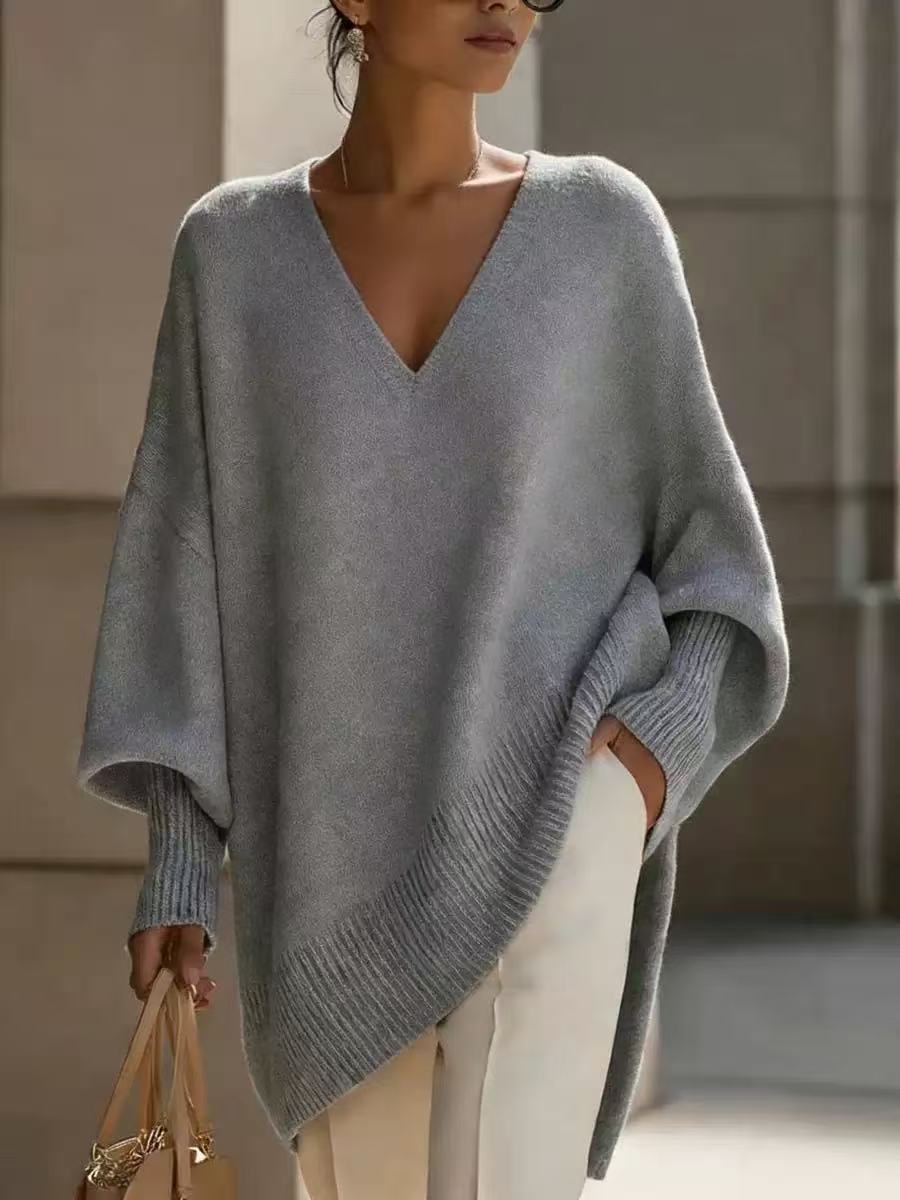 Solid-color Long-sleeve V-neck Sweater Dress for Women