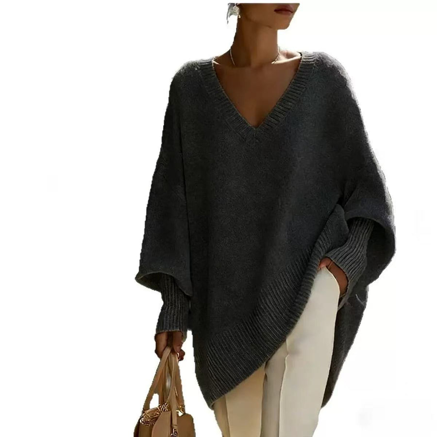 Solid-color Long-sleeve V-neck Sweater Dress for Women