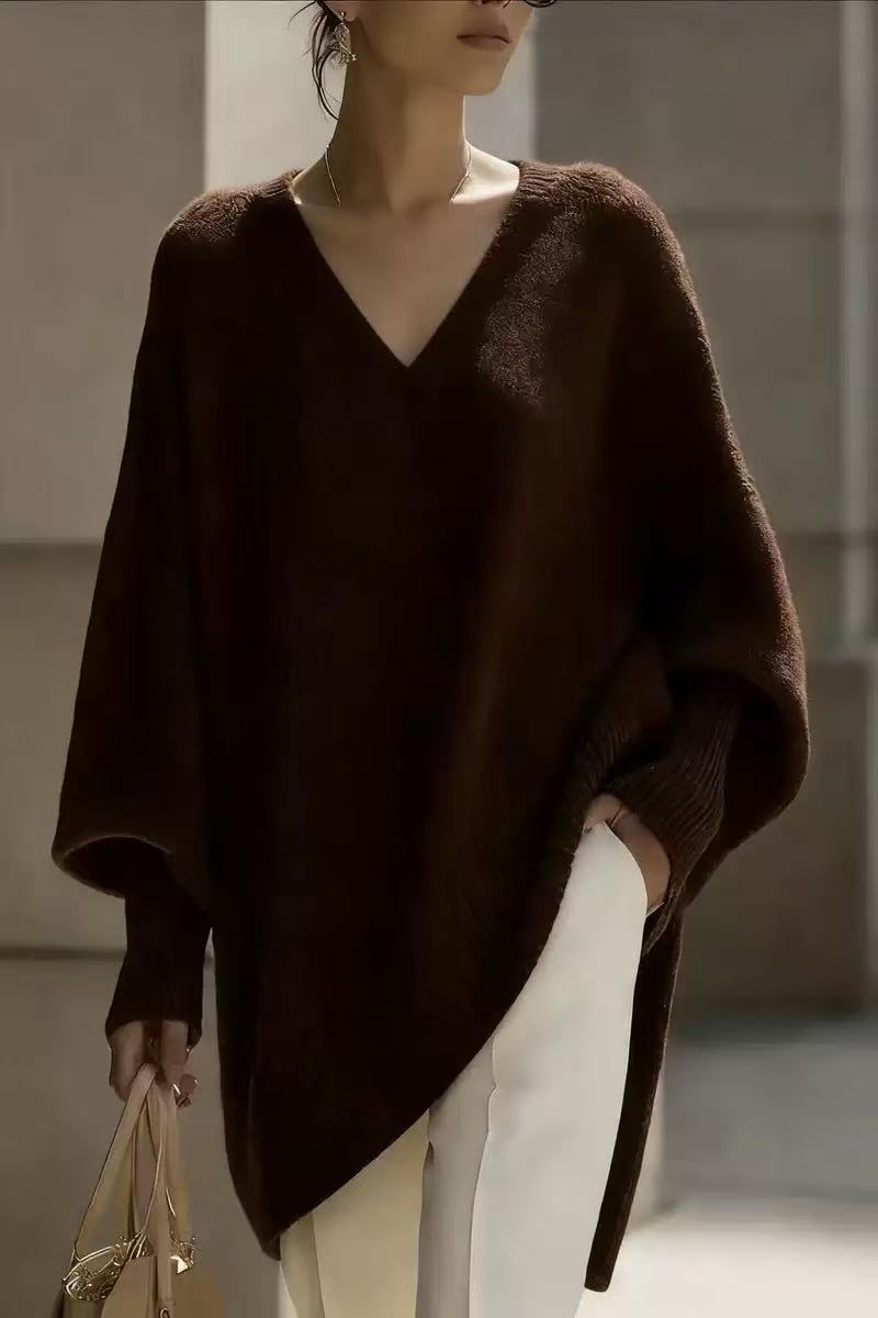 Solid-color Long-sleeve V-neck Sweater Dress for Women
