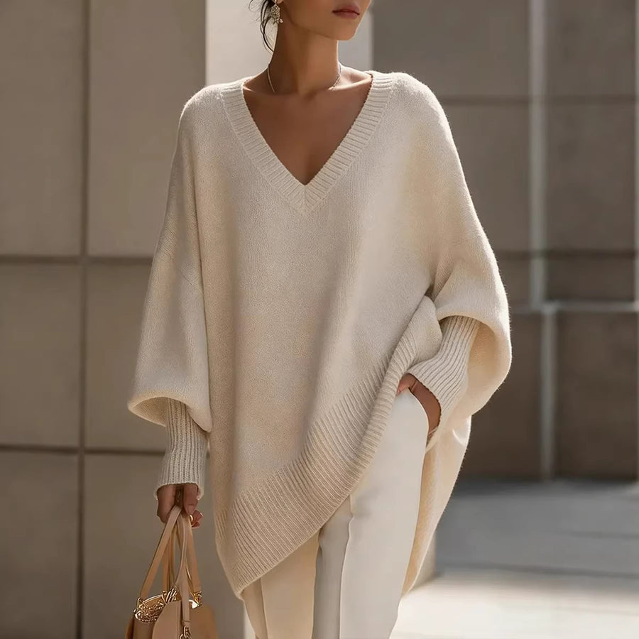 Solid-color Long-sleeve V-neck Sweater Dress for Women