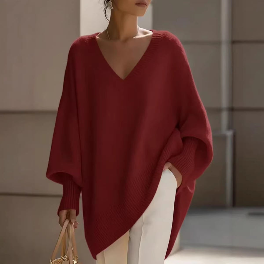 Solid-color Long-sleeve V-neck Sweater Dress for Women