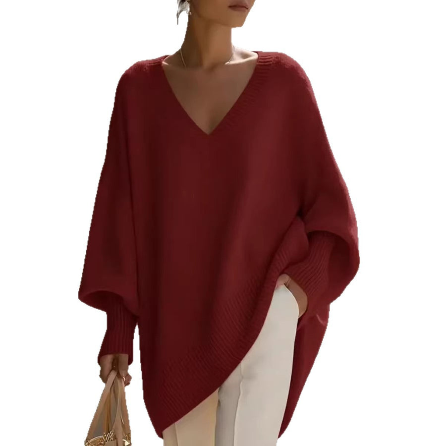 Solid-color Long-sleeve V-neck Sweater Dress for Women