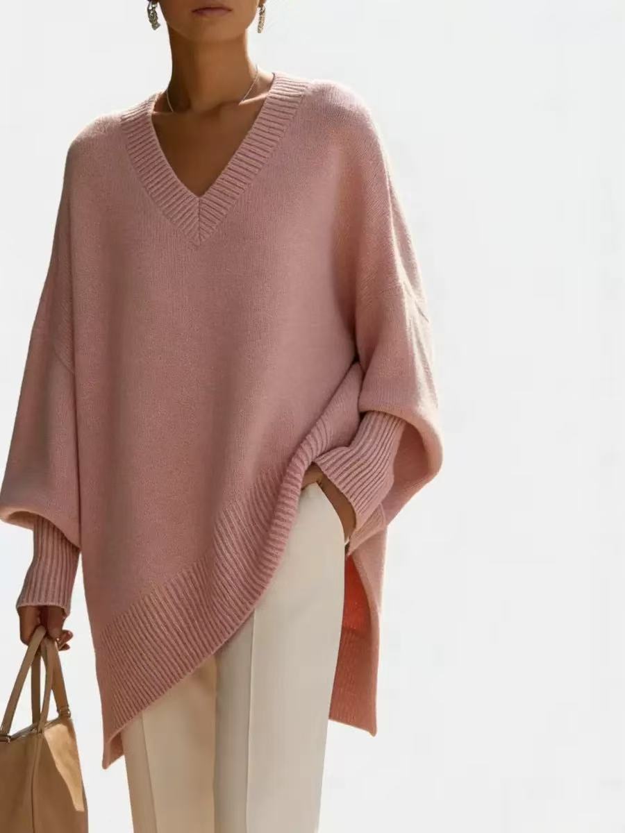 Solid-color Long-sleeve V-neck Sweater Dress for Women