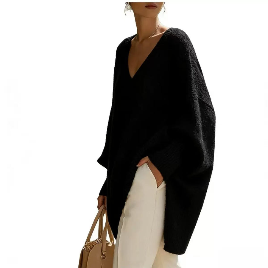 Solid-color Long-sleeve V-neck Sweater Dress for Women
