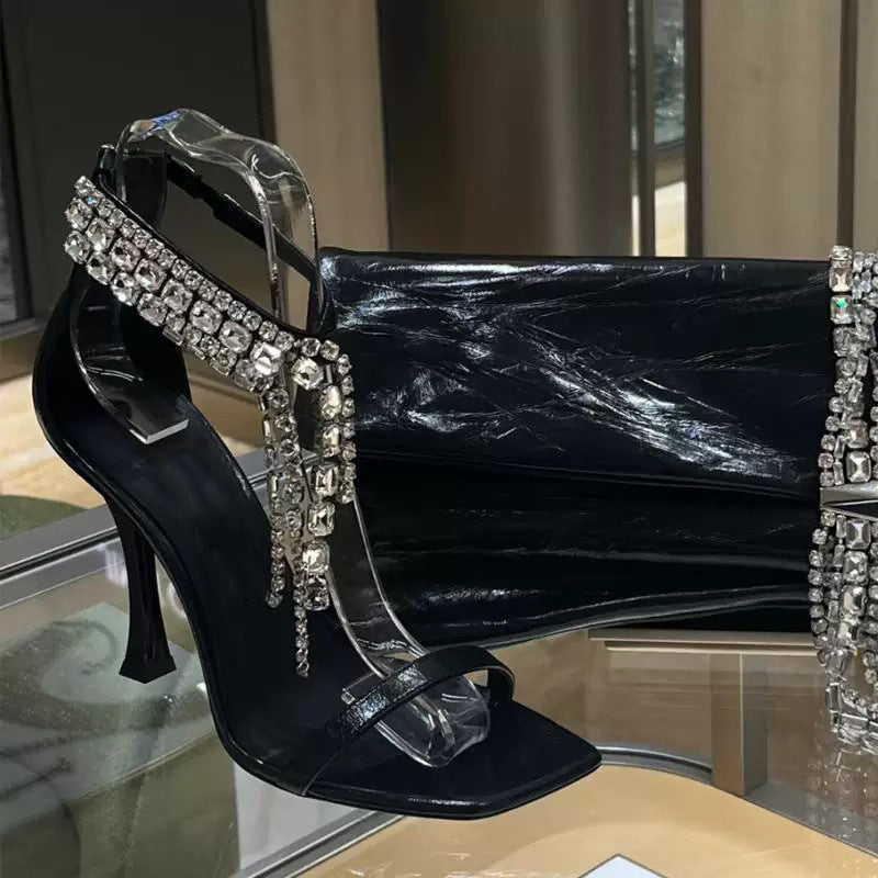 Silver Crystal-Embellished Yoga Strap Open-Toe Sandals