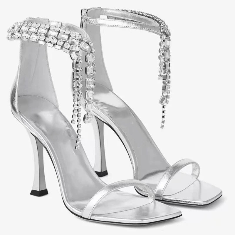 Silver Crystal-Embellished Yoga Strap Open-Toe Sandals