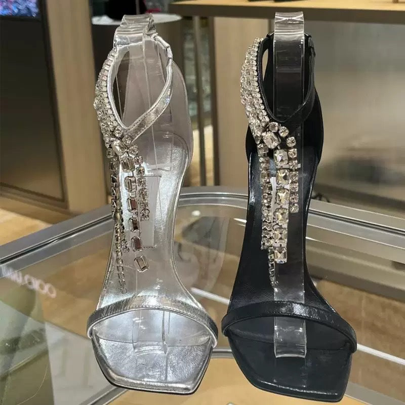 Silver Crystal-Embellished Yoga Strap Open-Toe Sandals