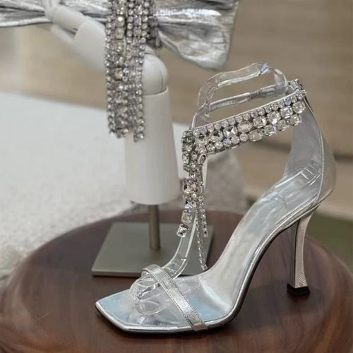 Silver Crystal-Embellished Yoga Strap Open-Toe Sandals
