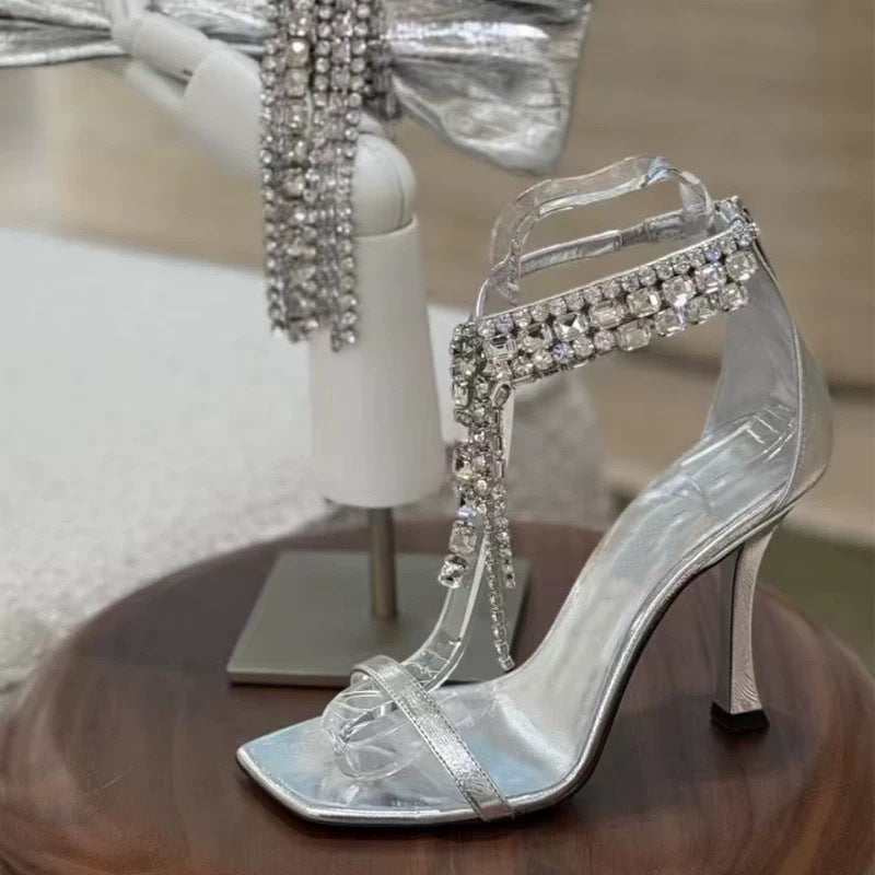 Silver Crystal-Embellished Yoga Strap Open-Toe Sandals