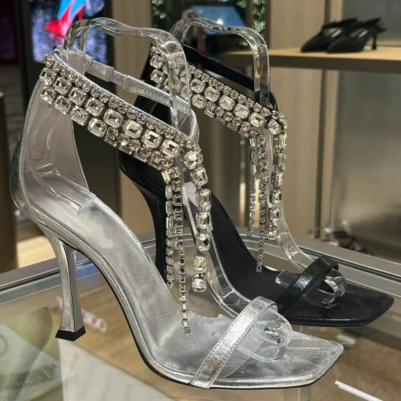 Silver Crystal-Embellished Yoga Strap Open-Toe Sandals