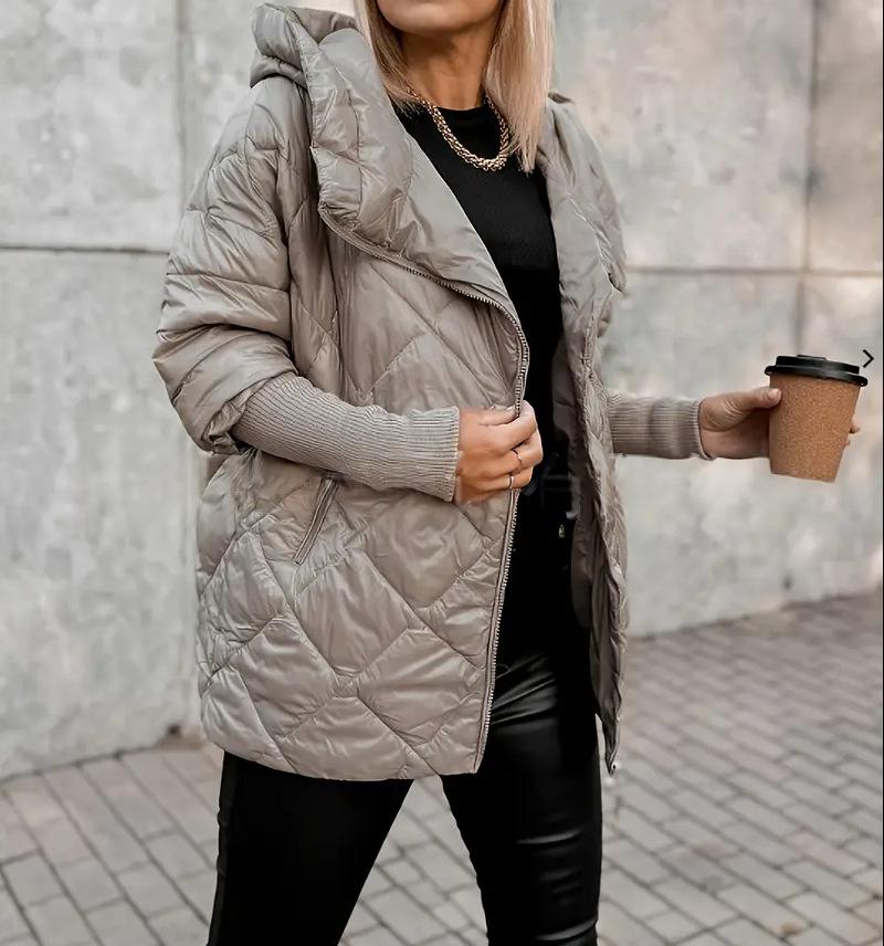 Hooded Zip-up Jacket - Chic Patchwork Design Trench Coat
