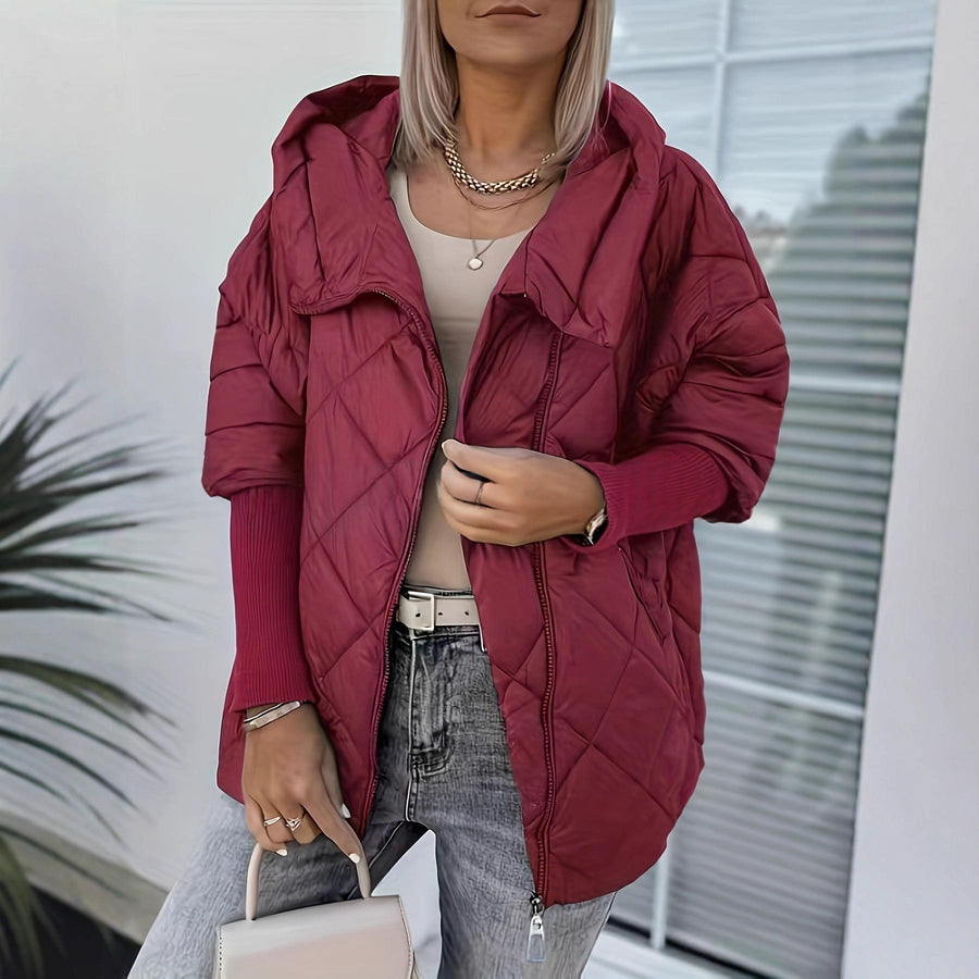 Hooded Zip-up Jacket - Chic Patchwork Design Trench Coat