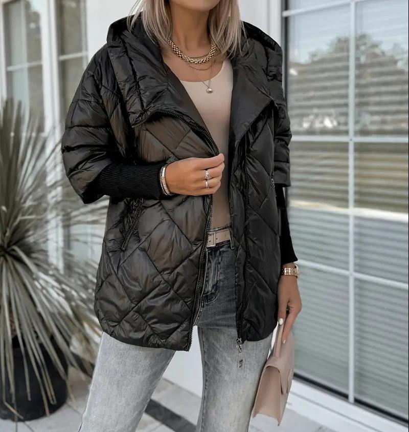 Hooded Zip-up Jacket - Chic Patchwork Design Trench Coat
