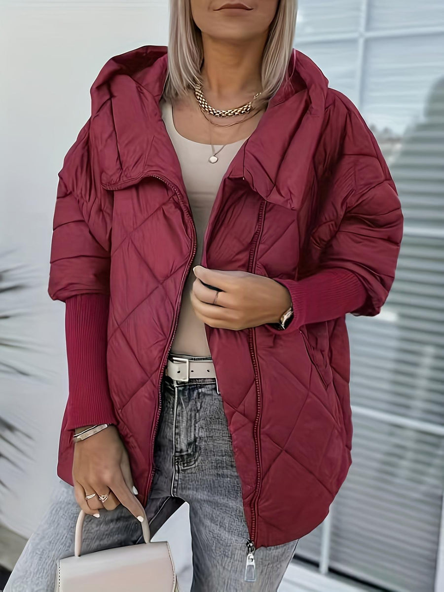 Hooded Zip-up Jacket - Chic Patchwork Design Trench Coat