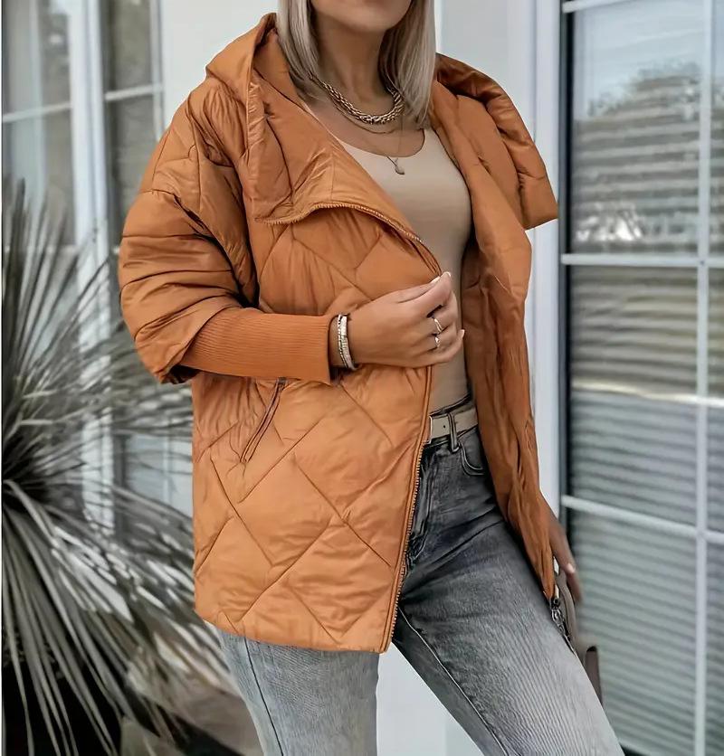 Hooded Zip-up Jacket - Chic Patchwork Design Trench Coat
