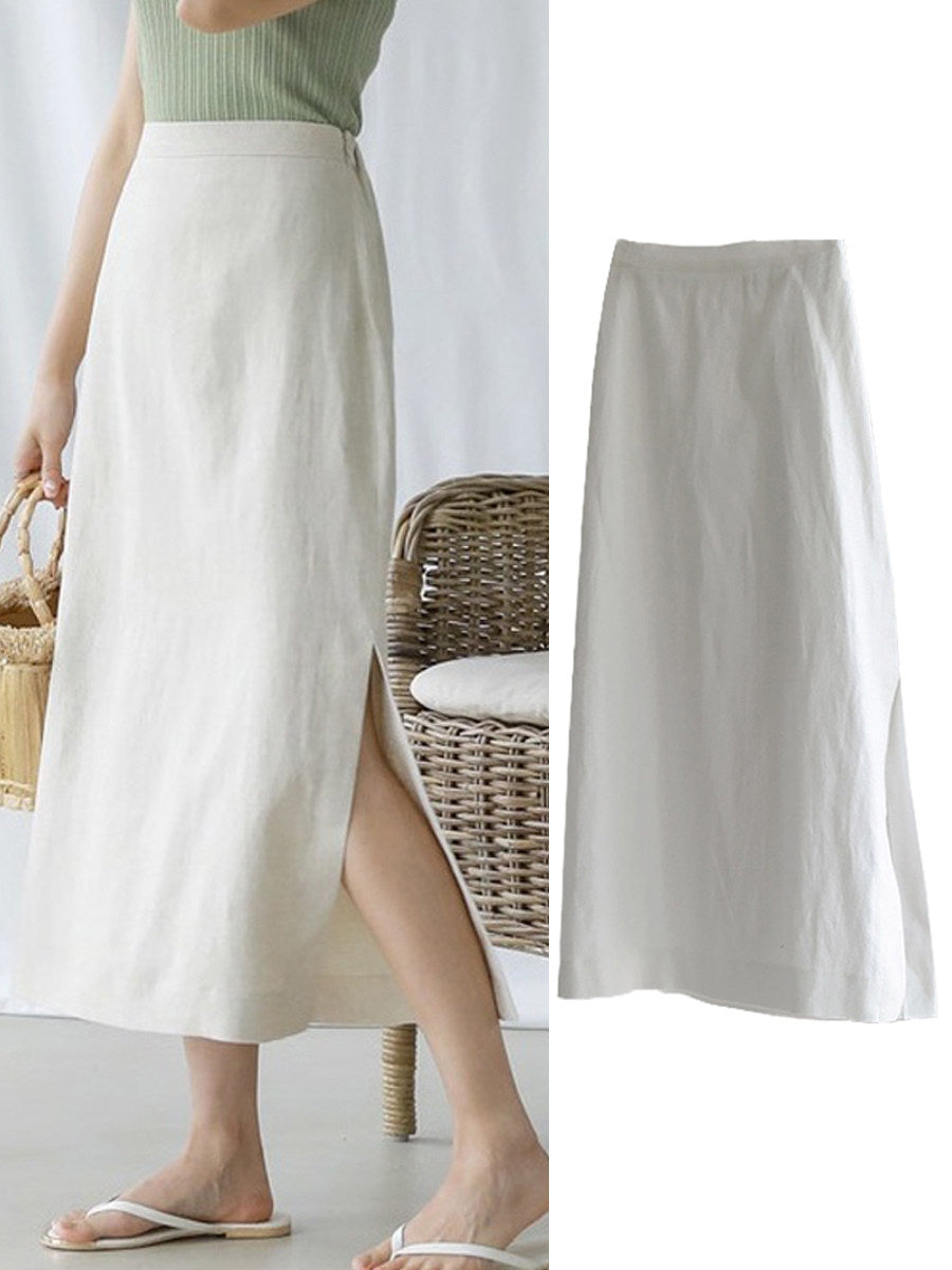 Womens Linen Straight Skirt With Side Slits - Trendy Mini Skirt