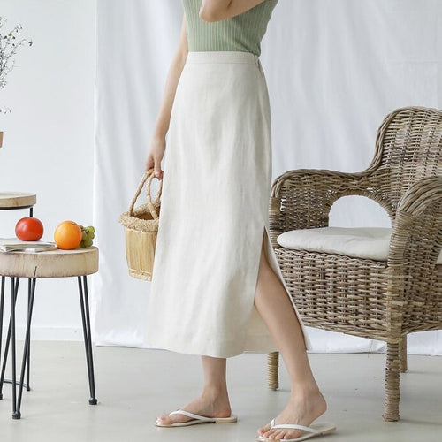 Womens Linen Straight Skirt With Side Slits - Trendy Mini Skirt