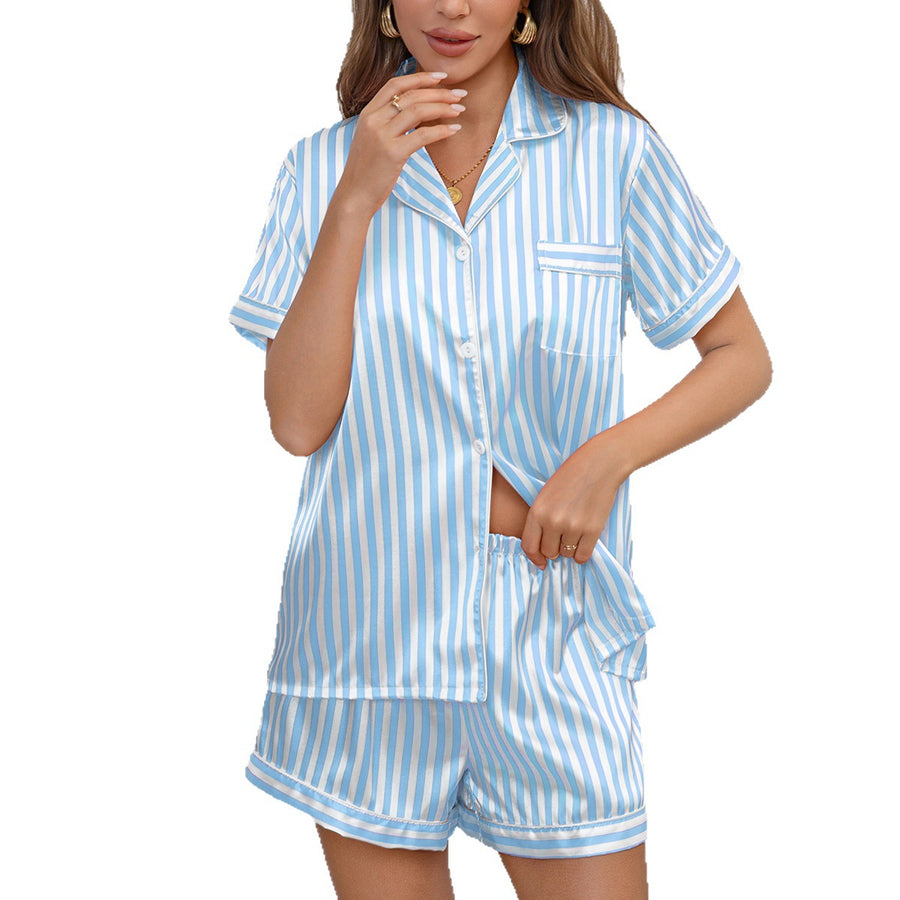 Womens European and American-style Striped Satin Pajama Set