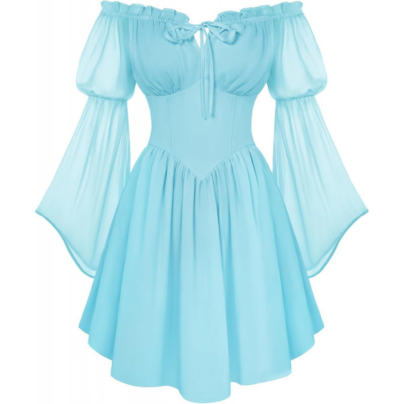 Off-shoulder Slim-fit Lace-up Chiffon Long-sleeve Dress
