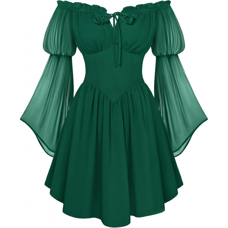 Off-shoulder Slim-fit Lace-up Chiffon Long-sleeve Dress