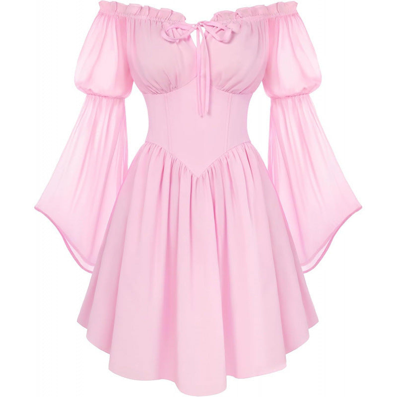 Off-shoulder Slim-fit Lace-up Chiffon Long-sleeve Dress