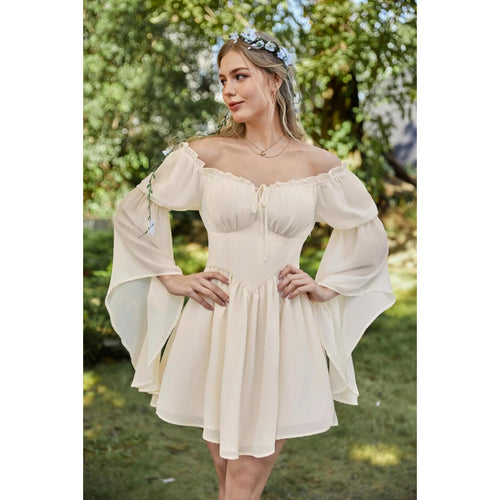 Off-shoulder Slim-fit Lace-up Chiffon Long-sleeve Dress