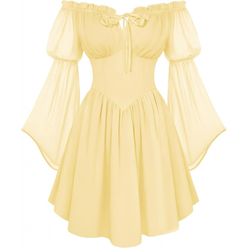 Off-shoulder Slim-fit Lace-up Chiffon Long-sleeve Dress