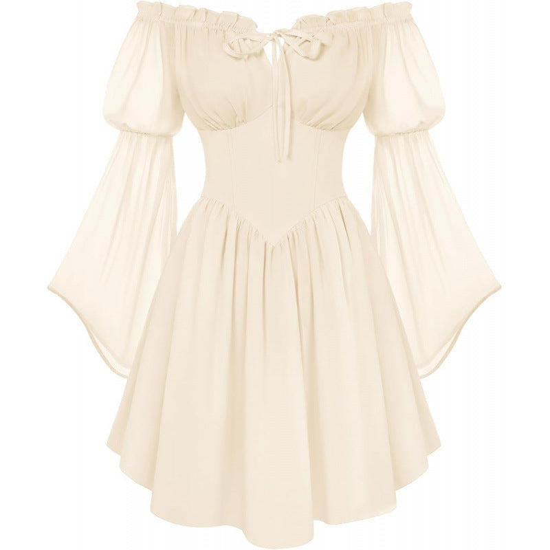 Off-shoulder Slim-fit Lace-up Chiffon Long-sleeve Dress