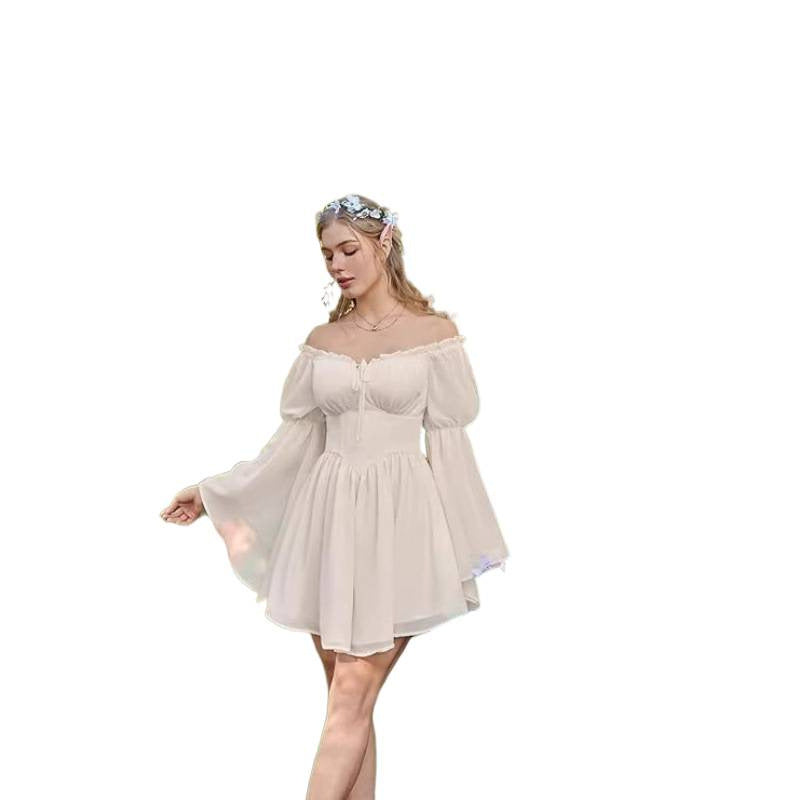 Off-shoulder Slim-fit Lace-up Chiffon Long-sleeve Dress