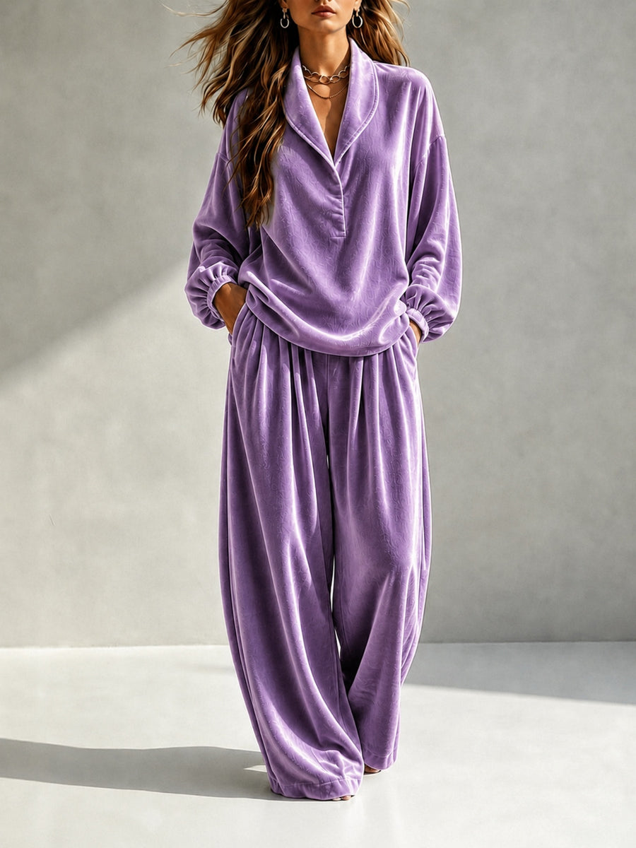 Trendy Collar Long-sleeved Top & Trousers Casual Suit