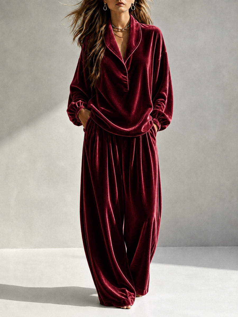 Trendy Collar Long-sleeved Top & Trousers Casual Suit