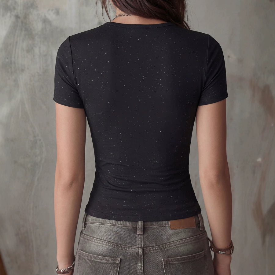 Sexy V-neck Silver-Sequined Short-Sleeve T-shirt Top
