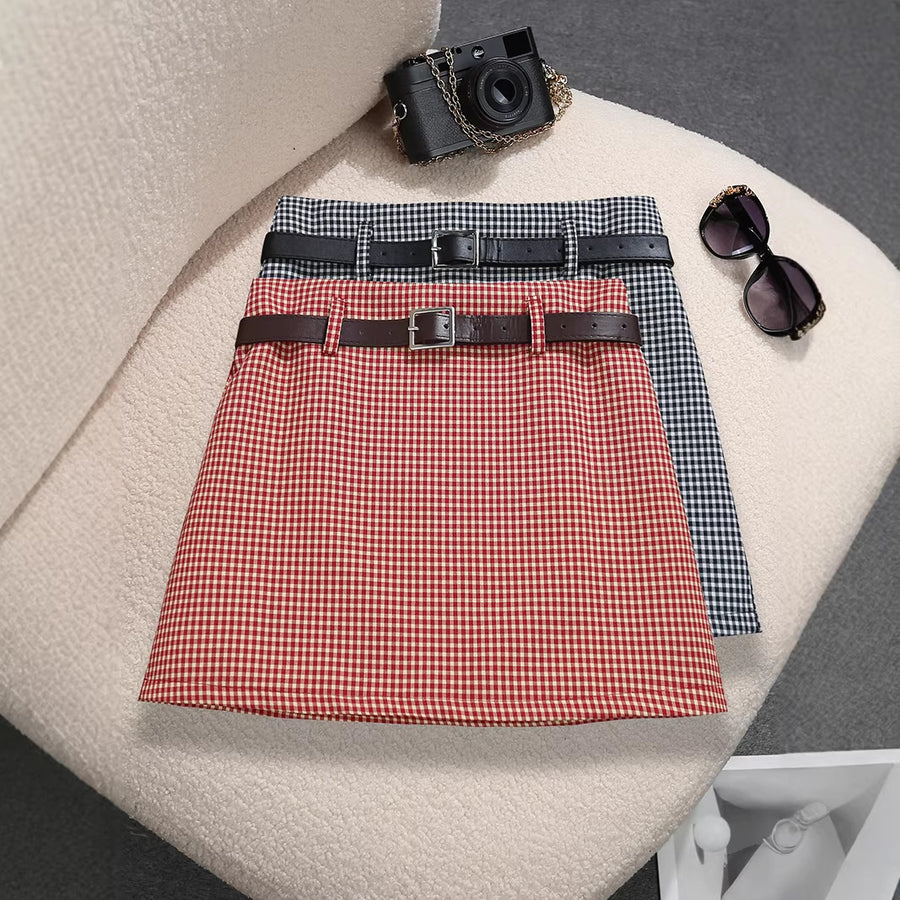 Womens Houndstooth Casual Maxi Skirt With Belt