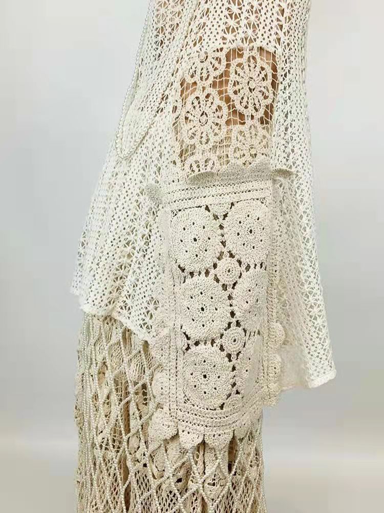 Retro French-style Crocheted Lace Strap Midi Skirt