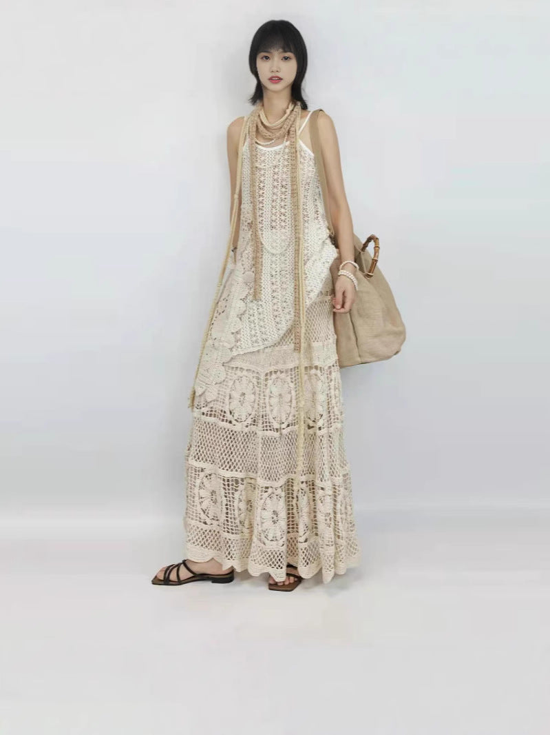Retro French-style Crocheted Lace Strap Midi Skirt