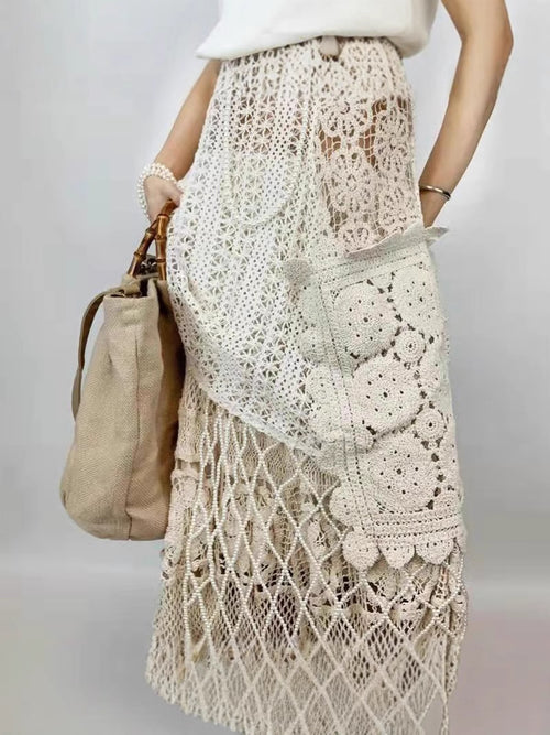 Retro French-style Crocheted Lace Strap Midi Skirt