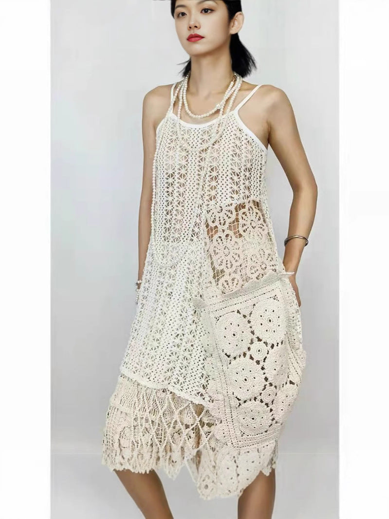 Retro French-style Crocheted Lace Strap Midi Skirt