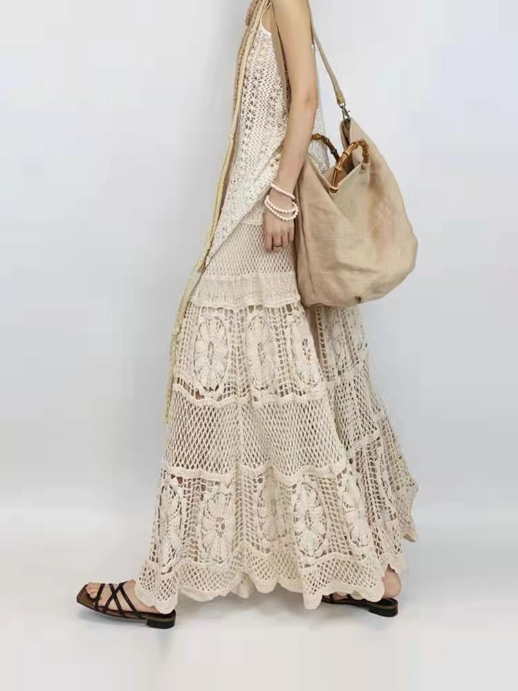 Retro French-style Crocheted Lace Strap Midi Skirt