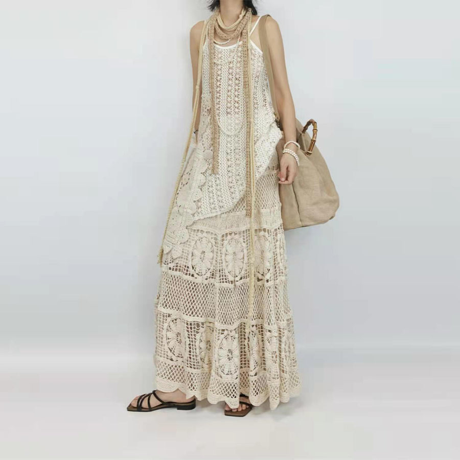 Retro French-style Crocheted Lace Strap Midi Skirt