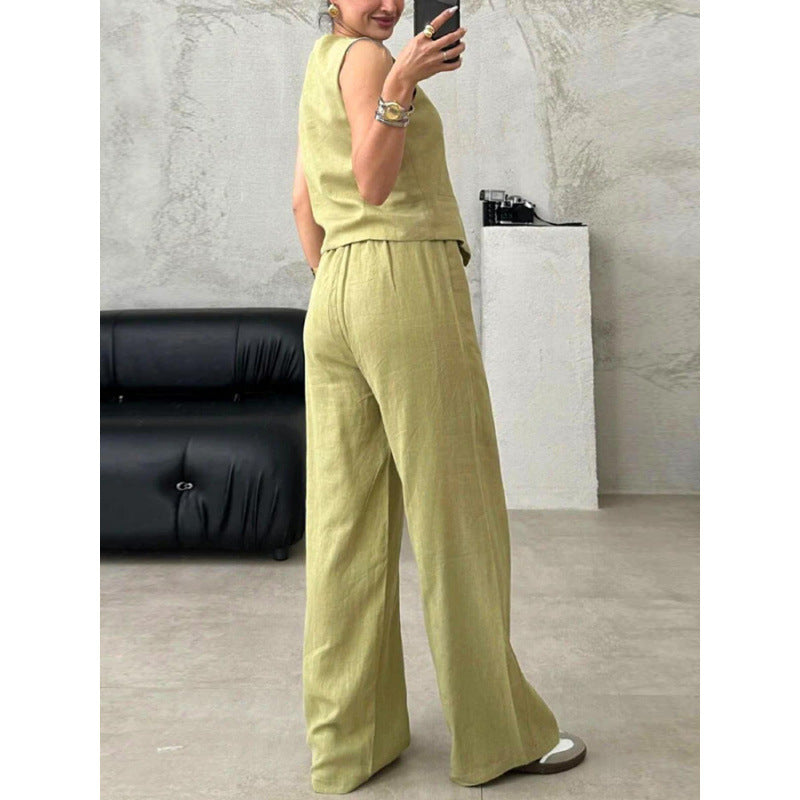 Stylish Button-front Vest Top and Lace-up Straight-leg Pants